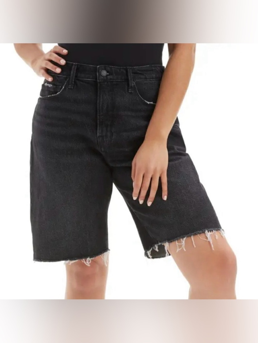 Good American 90's Bermuda cut-off denim black long jean shorts frayed new 26 2